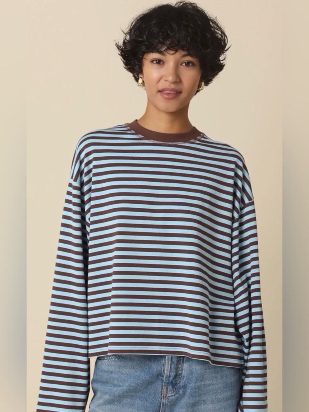 Olivaceous Blue and Brown Striped Long Sleeve Top